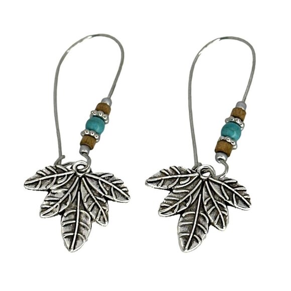 Handcrafted Silver Leaf Dangle Earrings With Beaded Accents - Picture 3 of 4